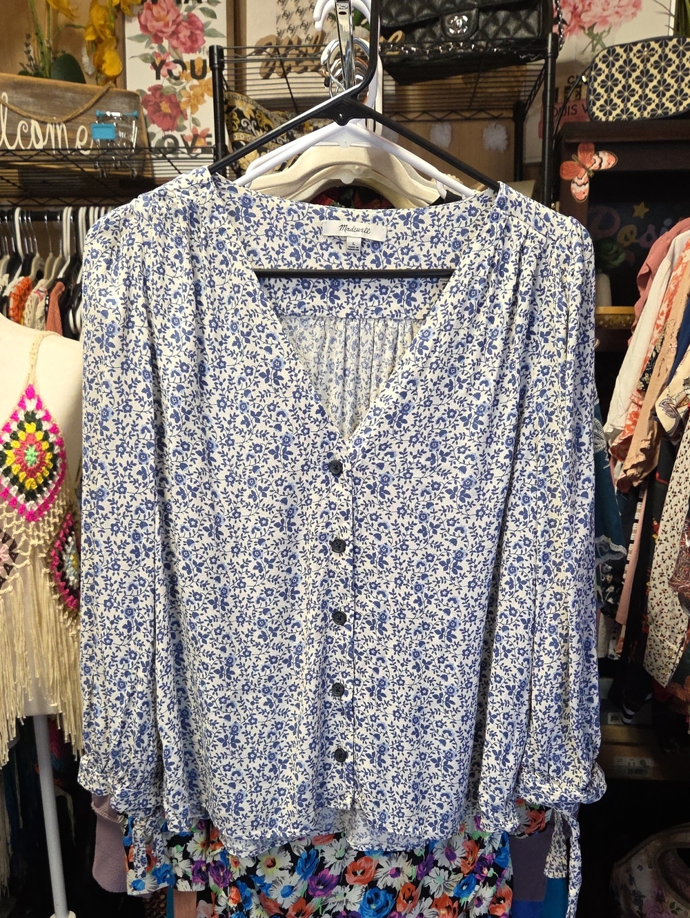 Madewell Blue and White Floral Button-Up Blouse